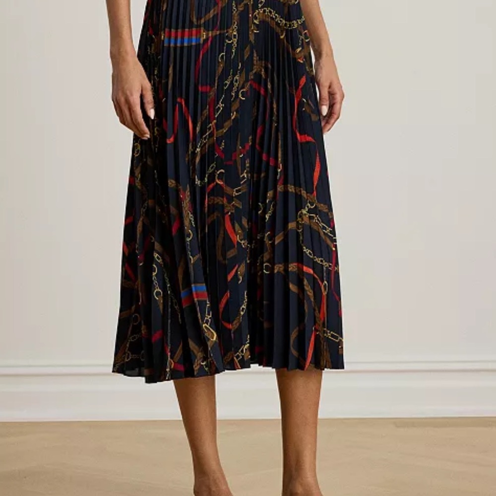 Lauren Ralph Lauren Navy Pleated Midi high waisted skirt 4 S Equestrian horse - Picture 2 of 8